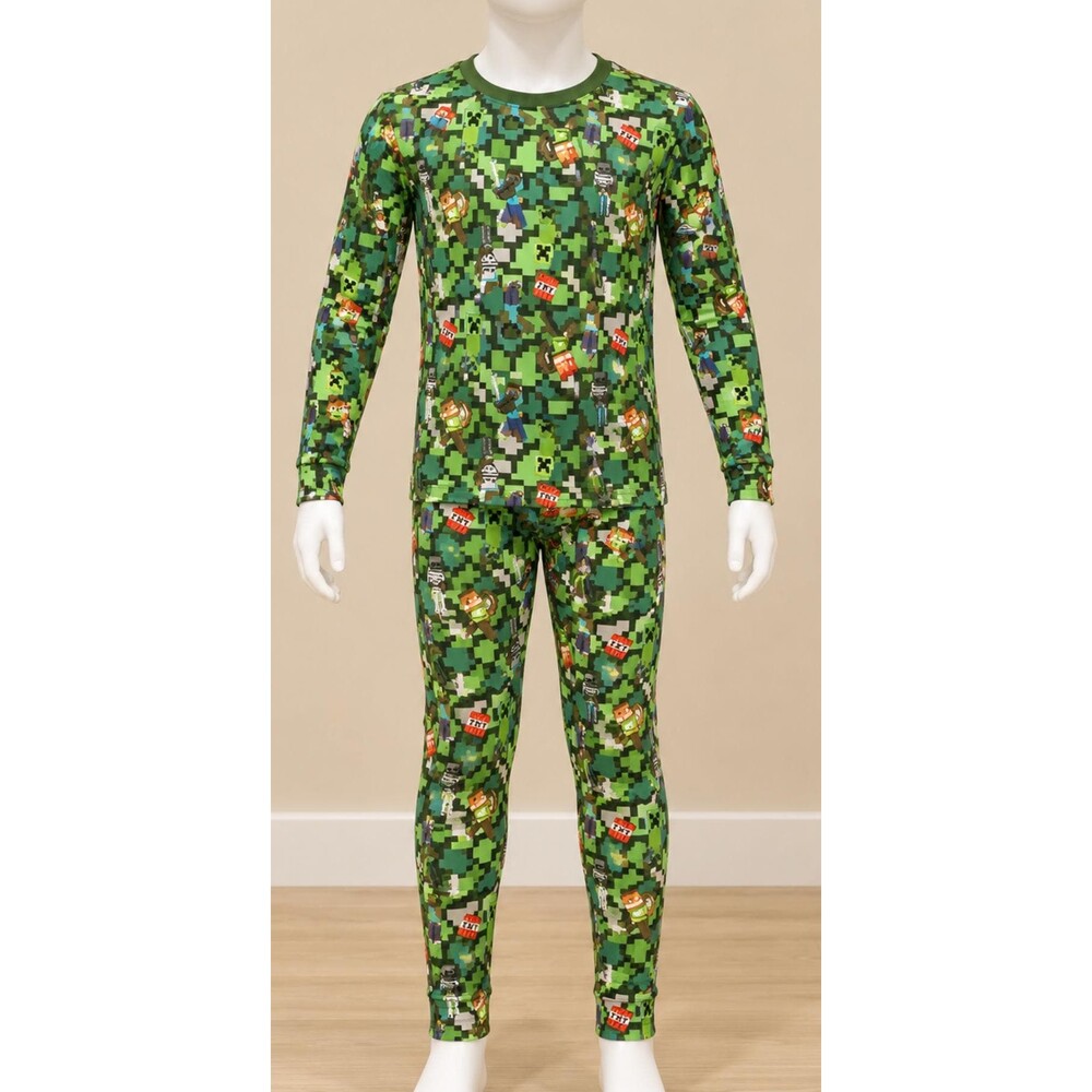 Cuddl Duds Minecraft Boys XS 4/5 Green Thermal Base Layer Set Top & Pants NWT